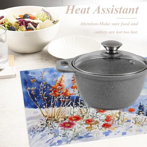 Shrahala Winter Flowers Landscape Set of 6 12 X 18 Inch Linen Placemats, Red Orange Watercolor Poppies Burlap Table Mat Washable Double Layered Heat Insulation for Indoor