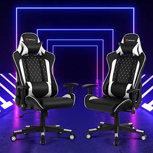 Goplus Massage Gaming Chair, Reclining Backrest Handrails and Seat Height Adjustment Racing Computer Office Chair, Ergonomic High Back Embroidered PU Swivel Game Chair with Headrest and Lumbar Cushion