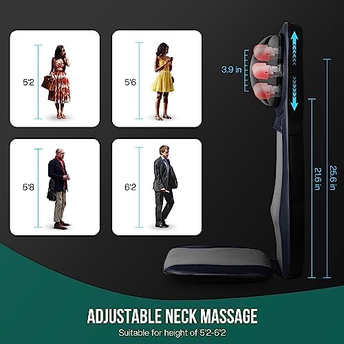Snailax Shiatsu Neck Back Massager with Heat, Full Body Massage Chair Pad with Adjustable Height, Deep Kneading & Rolling Massage Seat Cushion for Back Pain, APP Control Seat Chair Massager, Gifts