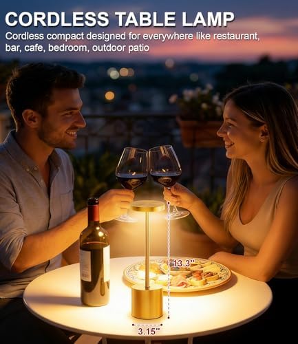 Swinerton Gold Cordless Table Lamp Set, 5000mAh Rechargeable Battery Operated Desk Lamp Wireless Table Light, 3 Color Dimmable Touch Lamp for Restaurant Dining Patio, Home/Apartment Decor