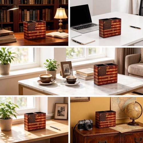 Patriotic Pen Holder, American Flag Desk Organizer, USA Flag Pencil Holder Office Home Accessories, PU Leather Retro Vintage Cool Supplies Patriotic Decor