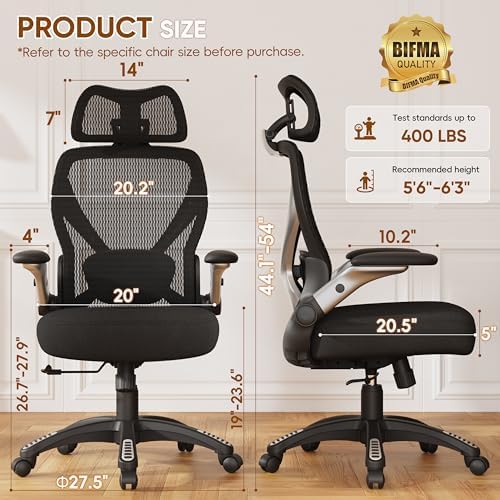 GABRYLLY Ergonomic Office Chair with Headrest, High Back Desk Chair with Flip-Up Arms, Adjustable Lumbar Support, Padded Cushion Computer Chair with 3-Stage Tilt Lock for Home Office Gaming Study