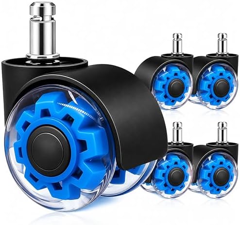 Blue Office Chair Casters, 2 Inch Heavy-Duty Rubber Chair Casters Replacement, Computer Gaming Desk Chair Casters Wheels-Set of 5, Smooth Rolling for Hardwood Carpet Tile Floors, 11*22mm Universal fit