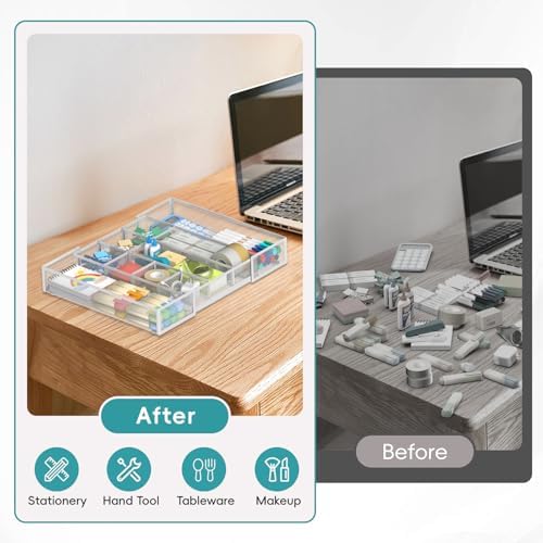 Expandable Desk Drawer Organizer, 10 Adjustable Compartments, White