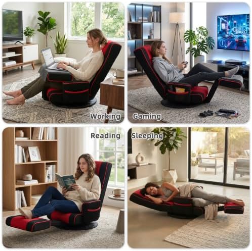 360° Swivel Floor Chair, 14-Position Adjustable Backrest & Footrest