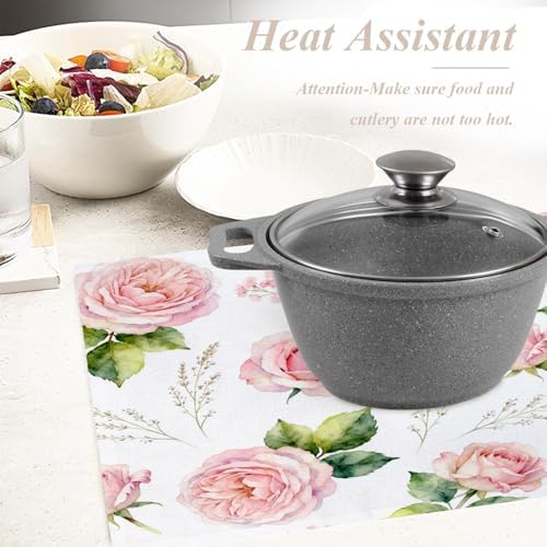 Shrahala Flower Vintage Placemats, Art Vintage Victorian Rose Watercolor Table Mat Linen Burlap Washable Double-Deck Heat Insulation for Dining Table Kitchen Table Set of 6 (12 X 18 Inch)