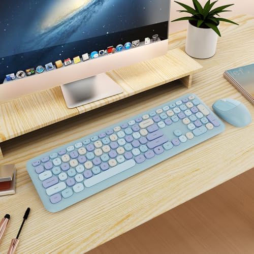 SkyGive Wireless Keyboard and Mouse Combo, Colorful Ergonomic Full Size Quiet Retro Low-Noise Keyboard with Cute Keycaps, Slim Design for Windows PC, Perfect for Home and Office (Serene Light Blue)
