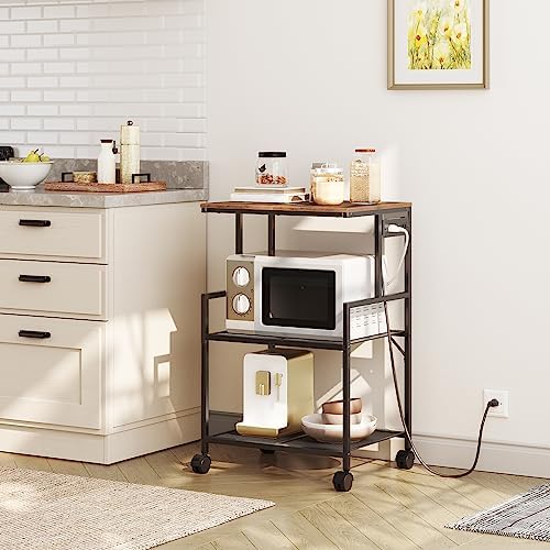 MAHANCRIS Mobile Printer Stand, 3-Tier Industrial Printer Cart with Power Outlets and 2 USB Ports, Rolling Printer Table on Wheels for Home Offices Kitchen Organization Rack, Rustic Brown PTHR78E01