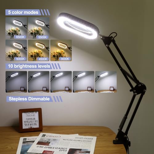 30X 12X Square Magnifying Glass with Light and Stand, Real Glass LED Lighted Magnifier, 5 Color Modes Stepless Dimmable, Hands-Free Mag Desk Lamp with Clamp for Reading Craft Hobby Close Work Black