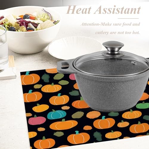 Shrahala Cute Halloween Pumpkins Set Of 4 12 X 18 Inch Linen Placemats , Black Background Pink Blue Tiny Squash Burlap Table Mat Washable Double Layered Heat Insulation For Indoor/Outdoor