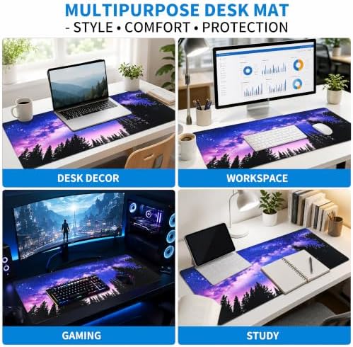 Extended Galaxy Forest Desk Mat, XL Large Gaming Mouse Pad, Purple Starry Sky Stitched Edges Waterproof with Non-Slip Rubber Base for Computer Keyboard Laptop Work Home Office 31.5"x11.8"