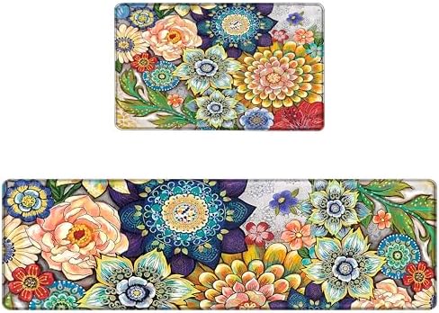 Boho Floral Kitchen Runner Rugs Mats for Floor 2 Piece Memory Foam Padded Long Kitchen Mats Anti Fatigue Cushioned Comfort Standing Mat, 17.3x28+17.3x59 Inch