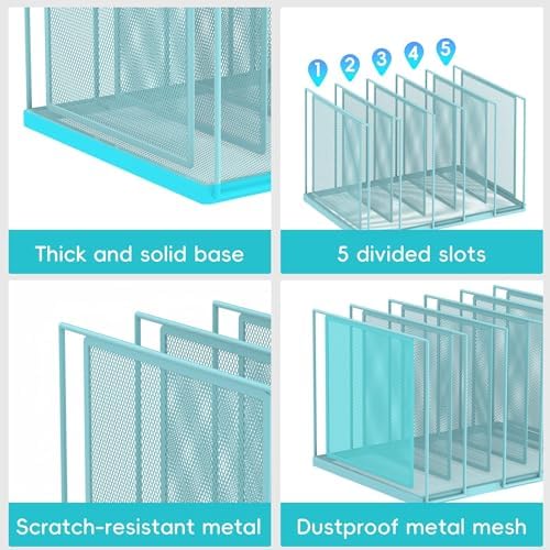 File Organizer for Desk, 5-Section Vertical File Sorter, Paper Holder Organizer Standing Metal File Folder for Office Home Classroom, Blue