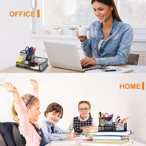 Moonlik Mesh Pen Holder Desk Organizer Set, Pencil Storage Holder with 3 Compartments, Office School Home Desktop Supplies, Desk Accessories for Paper Clip, Sticky Notes(2pack, Black)