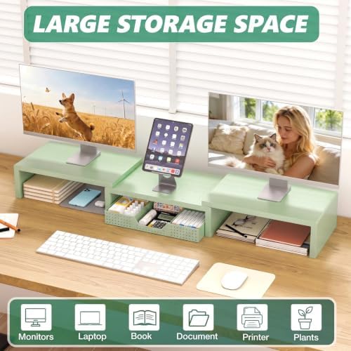 OPNICE Dual Computer Monitor Stand Riser, Desk Organizer with Drawer, Office Desk Accessories & Workspace Organizers for Home Office Supplies, Green