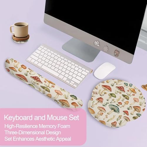 Retro Mushrooms Ergonomic Wrist Support Keyboard Mouse Wrist Rest Set, Computer Office Comfortable Wrist Rest for Mouse Easy Typing
