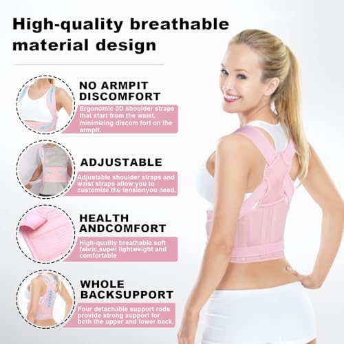 Posture Corrector for Women and Men,4 In 1 Adjustable Full Back Brace,Posture Braces Can Relieve Upper and Lower Back Pain, Shoulder Braces for Hunchback,Scoliosis, Lumbar Spine, Spine（Large Pink）