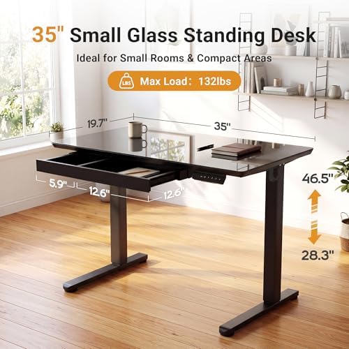 YDN Glass Standing Desk with Drawers 35x20 Inch Black