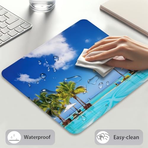 Tropical Beach Swimming Pool Mouse Pad, Coastal Scenery Sunbeds Desk Mat