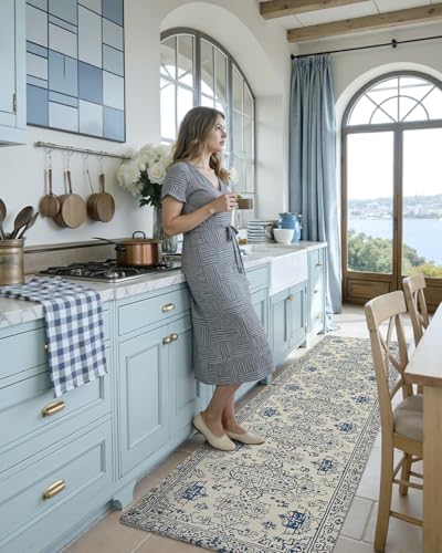 DEXI Kitchen Floor Mats Cushioned Anti Fatigue Runner Rug Blue and White