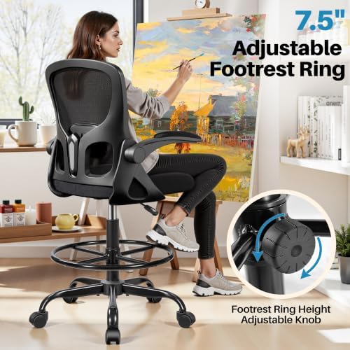 Drafting Chair Tall Office Chair for Standing Desk - Ergonomic Computer Work Stool with Flip-up Arms, Foot Ring & Adjustable Lumbar Support. Ideal for Studio, Artist, Engineer, & Study (Black)