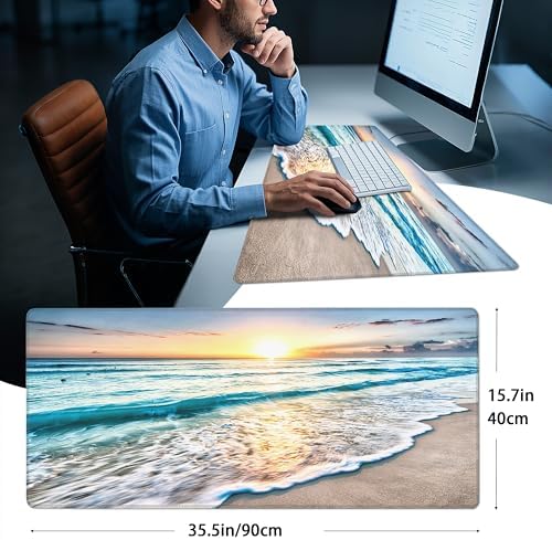 Mouse Pad with Beach View – Sunrise Scenery Desk Pad – Portable Computer Mousepad – Gaming, Office, Waterproof, Non-Slip, Stitched Edges 35.5 x 15.7inches x 3mm