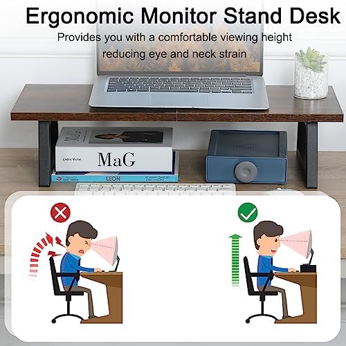 TEAMIX 24 inch Monitor Riser for Desk, Wood & Steel Computer/TV Stand Brown