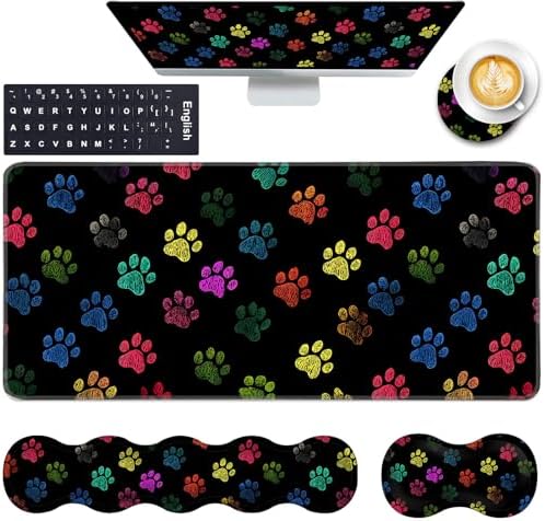 Keyboard Wrist Rest and Mouse Pad with Wrist Support Set Ergonomic Coaster,Memory Foam,Easy Typing Pain Relief,Large XL Desk Mat 31.5"x 11.8",Colorful Paw Prints