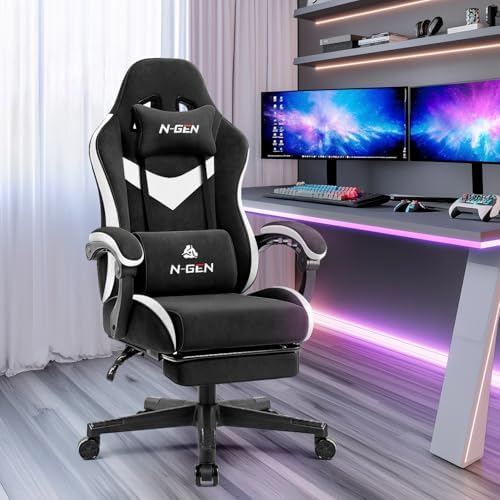 N-GEN GAMING Gaming Chair, Reclining Backrest, Footrest, Fabric, Black