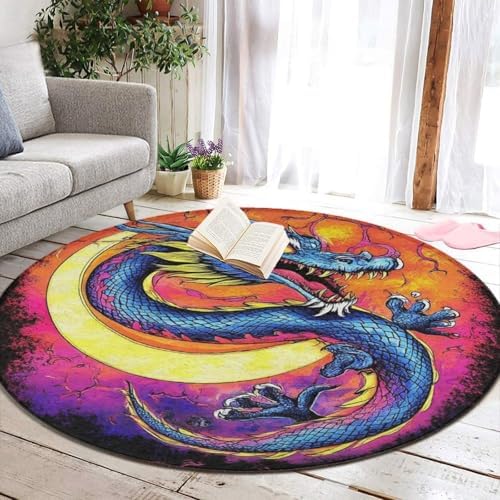 Machine Washable Modern Round Area Rug, Room Sofa Yoga Soft Round Carpet, Home Decor Non Slip Kitchen Office Circle Rug Mystery Dragon Trippy Art, 36inch