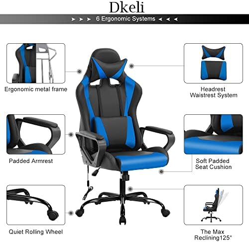 PC Gaming Chair Office Chair Racing Desk Chair with Lumbar Support Arms Headrest Massage High Back PU Leather Ergonomic Computer Chair Rolling Adjustable Swivel Chair for Women Men Adult, Blue