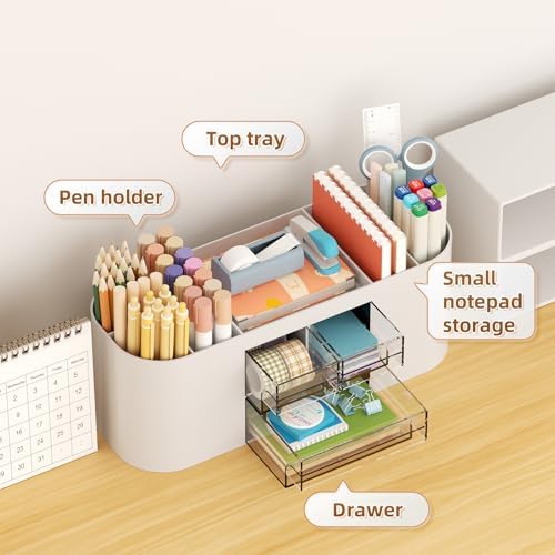 Marbrasse Desk Organizer Pen Holder for Desk with 3 Drawers, Multi-Functional Pencil Holder, Desk Organizers and Accessories with 7 Compartments for Home, School, Classroom(Grey)