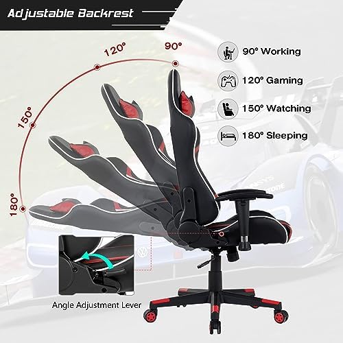 DORTALA Ergonomic Gaming Chair, High-Back Racing Chair w/Massage Lumbar Support, Extra Power Bank Pocket, 360° Swivel, Adjustable Backrest & Armrest, for Office, Game Room (Red)