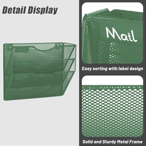EASEPRES 3 Pocket Mesh Hanging Wall File Organizer, Wall Mounted Mail Paper Document Folder Holder, Clipboard Storage Organization Magazine Rack with Nametag Label for Office Home School, Dark Green