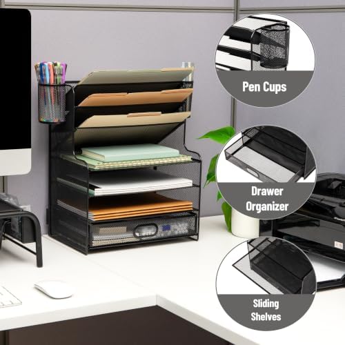 Mind Reader Mesh Desk Organizer, 6 Compartments, 1 Drawer, 2 Pen Cups, Office Desktop Organizer, Metal Mesh, Black