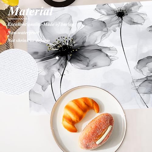 Shrahala Flowers Petals Set of 8 12 X 18 Inch Linen Placemats, Beautiful Black White Flowers Burlap Table Mat Washable Double Layered Heat Insulation for Indoor/Outdoor