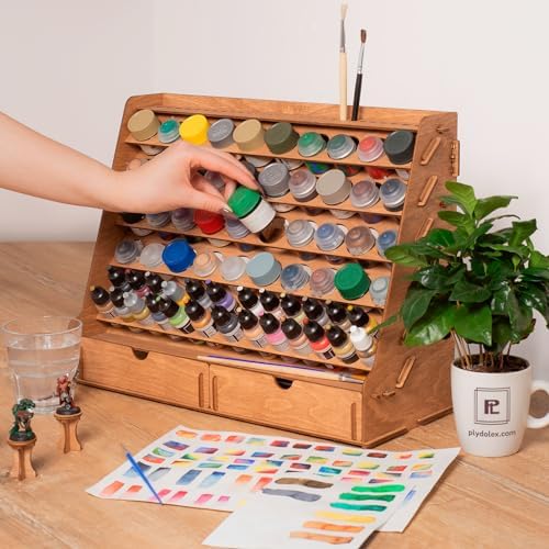 Wall Paint Holder - Works for Warhammer 40K, DnD, Other Figurines - 65 Holes for Vallejo, Citadel, Tamiya, 30 Brush Holes, 2 Drawers, a Shelf, a Brush Tray - Plywood Rack for Wall and Desk