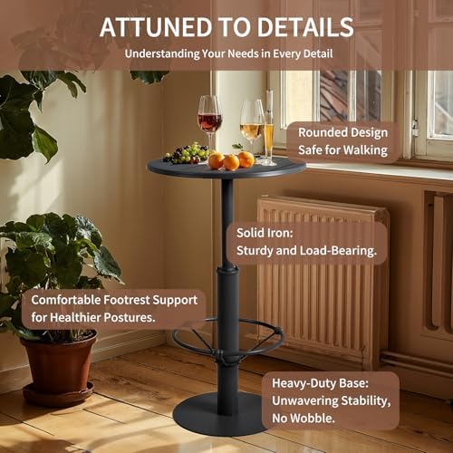 42" Tall Modern Industrial Bar Table-23.6" Dia Round Metal Top Bar Height Adjustable Standing Pub Table-Dining Room Bistro Table-Cocktail Table (Matte Black)