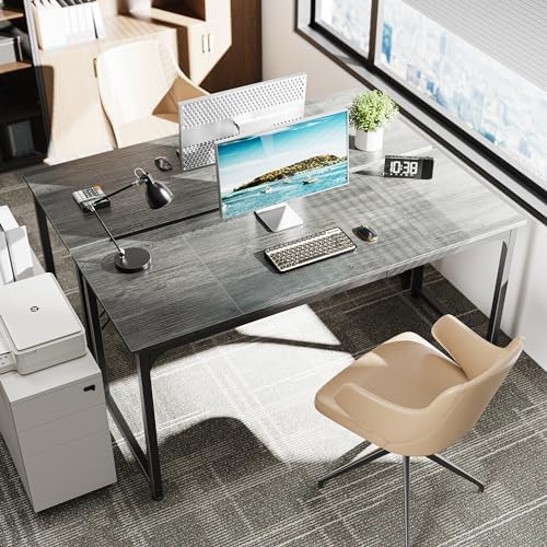 Huuger Computer Gaming Desk, 63 Inch Office Desk with Storage, Writing Work Surface for Home Office, Study, Modern Simple Style, Large Legroom, Metal Frame, Grey