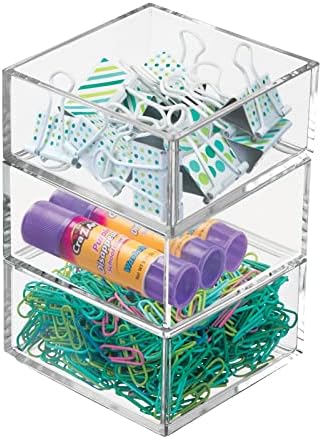 mDesign Plastic Square Desk Organizer - Create Section for Home Office Drawers, Desktop - Holds Pens, Paper Clips, Notebooks and Other Office Supply Accessory - Lumiere Collection - 3 Pack, Clear
