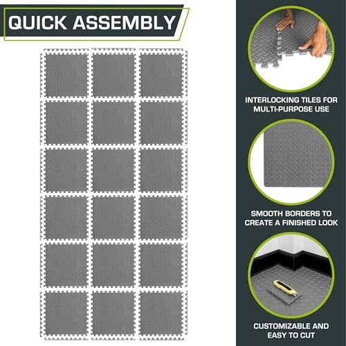 ProsourceFit Exercise Puzzle Mat 1/2-inch, EVA Interlocking Foam Floor Tiles for Home Gym, Workout Equipment, Kids Play Areas, Gray, 72 SQ FT - 18 Tiles