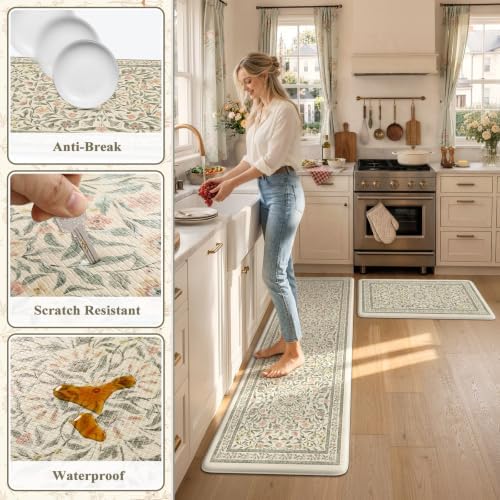 KIMODE Anti Fatigue Kitchen Mats for Floor, Farmhouse Kitchen Rugs Sets of 2, Cushioned Kitchen Floor Mats, Beige Bathroom Rugs Non Slip for Sink Home Decor Laundry Office Bedroom 20"x71"+20"x32"