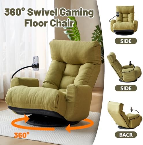 360° Swivel Gaming Floor Chair, 5 Position Adjustable Folding Sofa Chair with Armrests & Phone Holder, Cushion Padded Indoor Chaise Lounge for Adults, Home Office Floor Leisure Chairs, Green