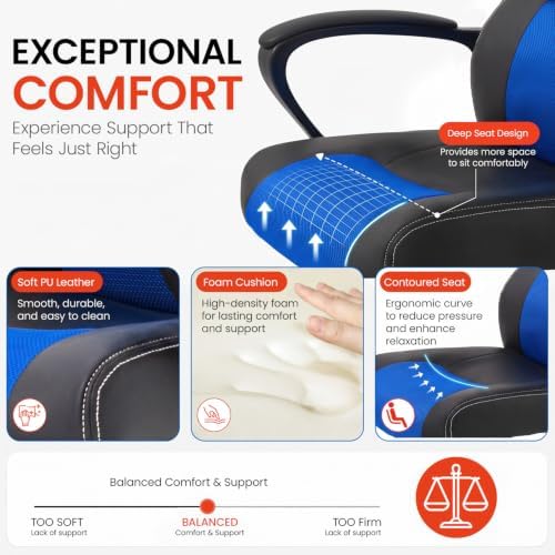 Office Chair Gaming Chair Ergonomic Massage Chair PU Leather Executive Seat with Swivel Base, Massage Lumbar Support, and Padded Armrests (Blue)
