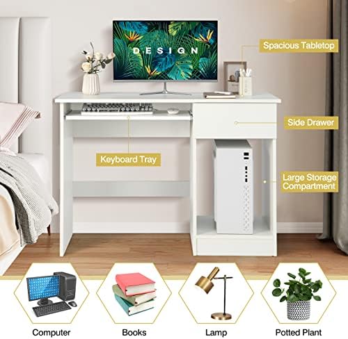 Computer Desk with Keyboard Tray and Drawer, Home Office Desk with Adjustable Shelves & Cable Hole, Modern Vanity Table for Bedroom, Teens Gaming Desk, Writing Study Workstation (White)