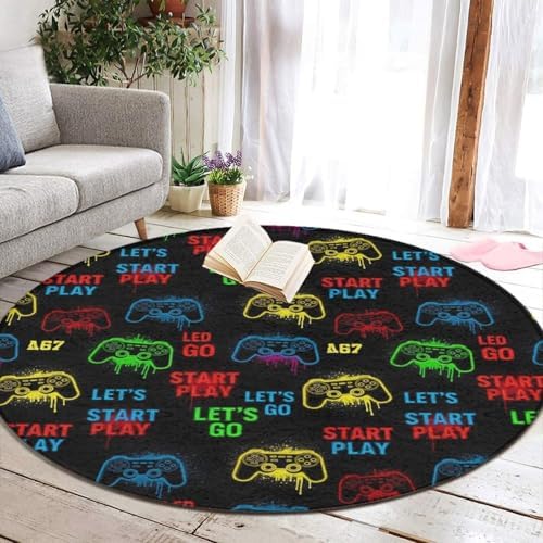 Machine Washable Modern Round Area Rug, Room Sofa Yoga Soft Round Carpet, Home Decor Non Slip Kitchen Office Circle Rug Video Game Weapon Cool Games Pattern