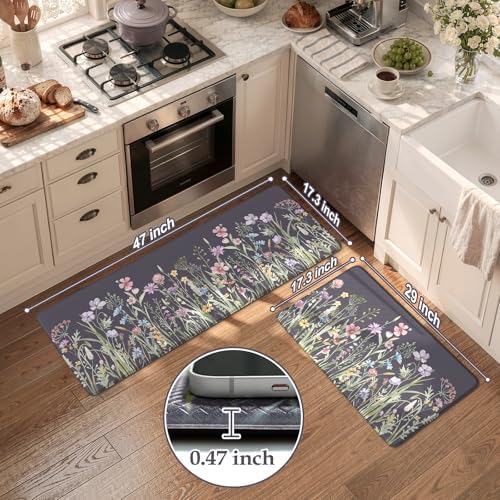 KIMODE Anti Fatigue Kitchen Mat, Farmhouse Floral Kitchen Rugs Grey Purple