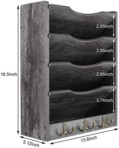 PAG-Mass 5-Tier Wall File Holder Hanging Mail Organizer Wood Magazine Literature Rack with 6 Hooks, Dark Gray