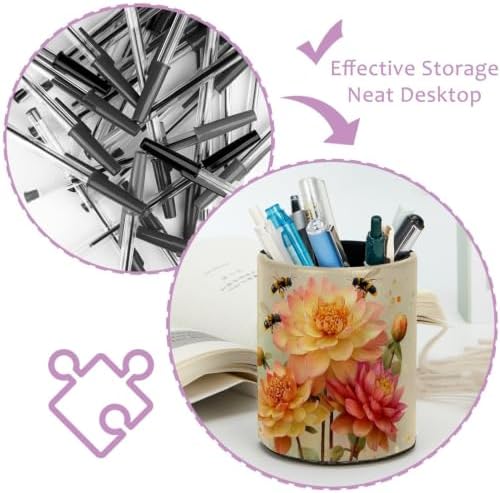 Leather Pen Holder for Desk, Watercolor Floral Pencil Cup Pen Organizer Makeup Brush Holder for Office Home Kids Countertop Desk Accessory Storage
