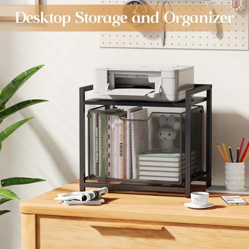 JKsmart Under Desk Storage, Printer Stand with Drawer, Rolling File Cabinet with Adjustable Table Top, 2 Tier Industrial Shelf on Fixed Feet Wheels, Sofa Side Table Organizer for Home, Office, Black